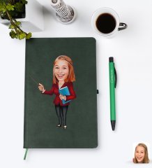Kişiye Özel Kadın Öğretmen Karikatürlü Yeşil Termo Deri Defter Kalem Seti Model 3