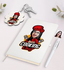 Kişiye Özel Kadın Chef Karikatürlü Beyaz Defter Kalem ve Anahtarlık Hediye Seti-11