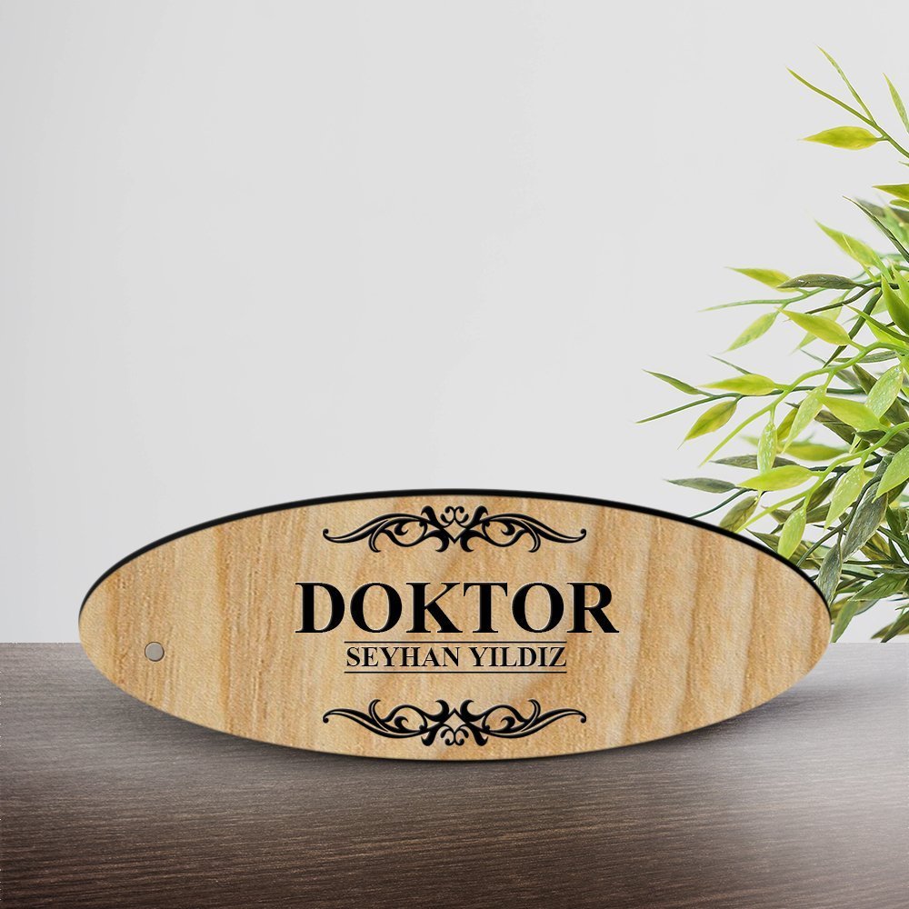 Kişiye Özel Mesleki Doktor Ahşap Oval Masa İsimliği  - 2