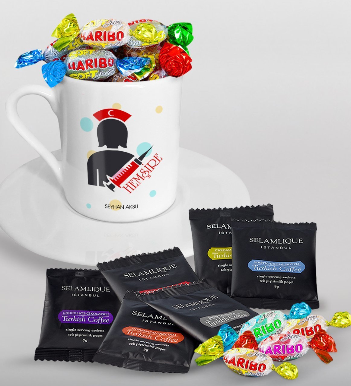 Kişiye Özel Hemşire Türk Kahvesi Fincanı Selamlique Karışık Türk Kahvesi ve Haribo Şeker Hediye Seti-3
