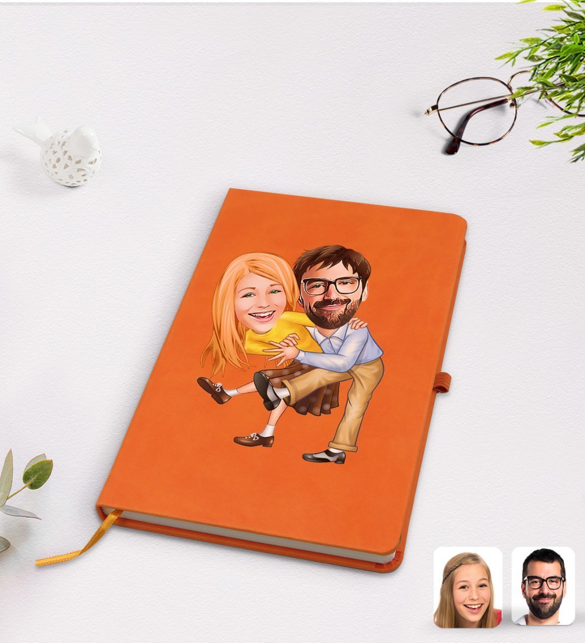 Kişiye Özel Sevgililer Karikatürlü Turuncu Termo Deri Defter Model 102