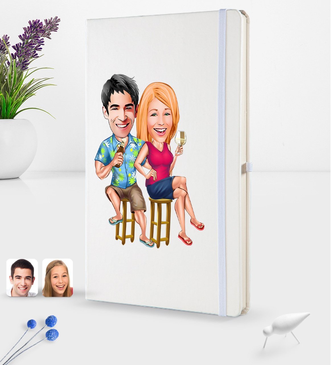 Kişiye Özel Sevgililer Karikatürlü Beyaz Termo Deri Defter 16x24cm Model 51