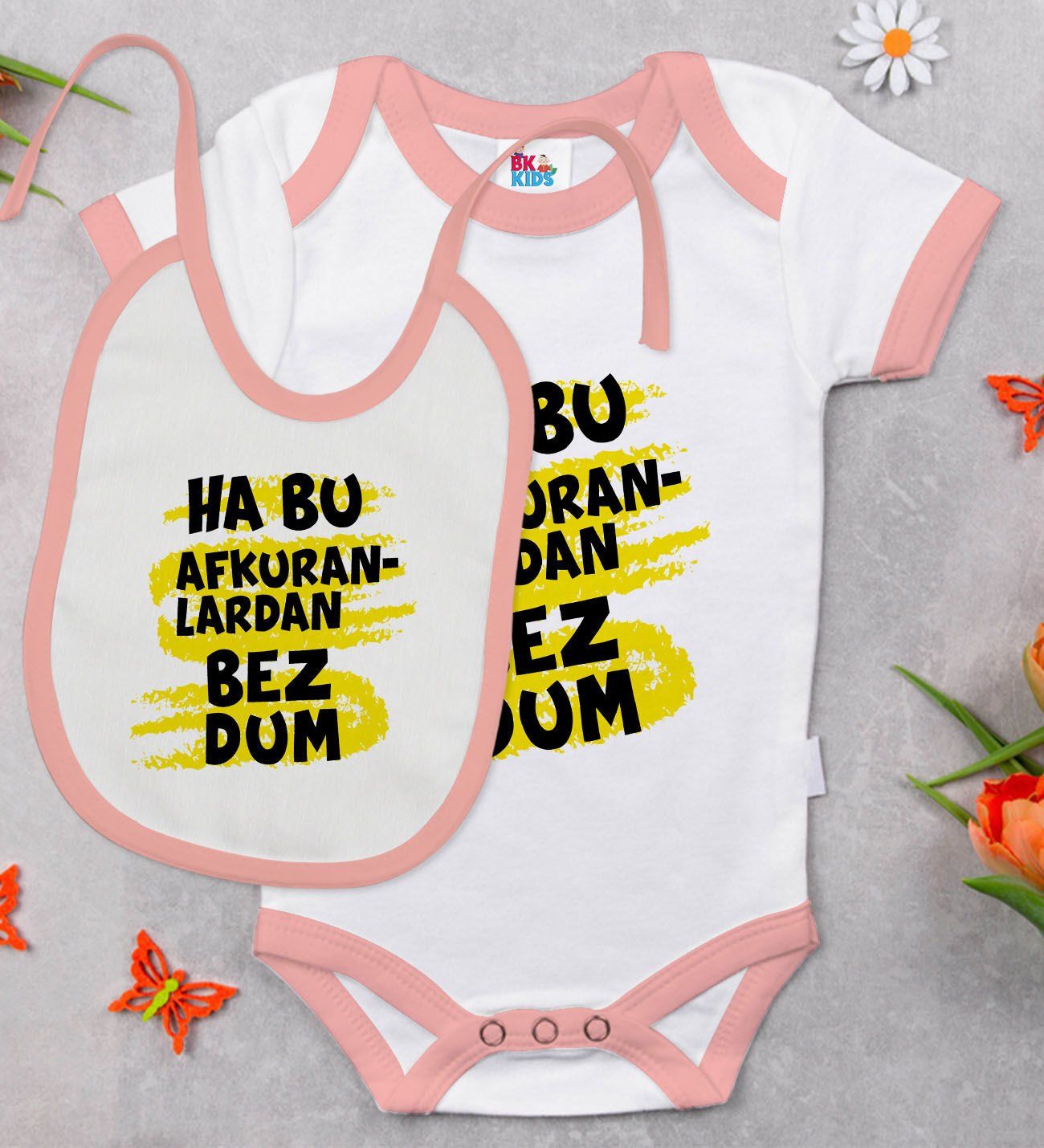 BK Kids Bezdum Tasarımlı Pembe Bebek Body Zıbın ve Mama Önlüğü Hediye Seti-4