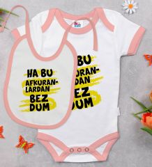 BK Kids Bezdum Tasarımlı Pembe Bebek Body Zıbın ve Mama Önlüğü Hediye Seti-4