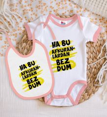 BK Kids Bezdum Tasarımlı Pembe Bebek Body Zıbın ve Mama Önlüğü Hediye Seti-4