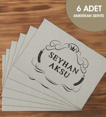 BK Gift Kişiye Özel İsimli 6’li Keten Amerikan Servis Seti-5, Ev Hediyesi,Baskılı Servis Bezi, Mutfak Dekoru