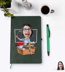 Kişiye Özel Kadın Öğretmen Karikatürlü Yeşil Termo Deri Defter Kalem Seti Model 2