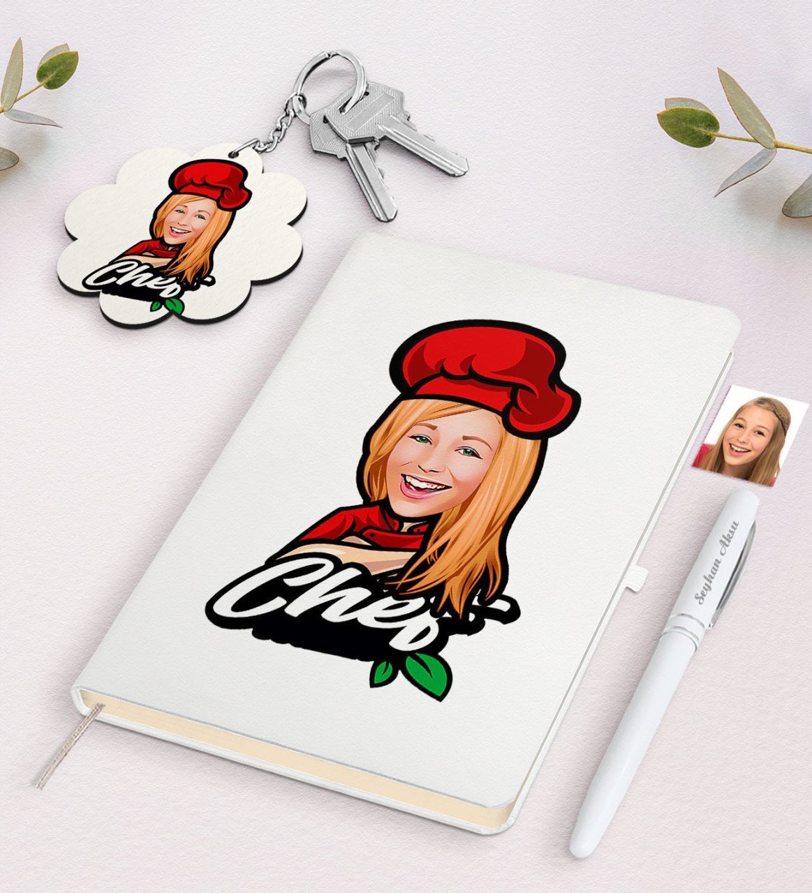 Kişiye Özel Kadın Chef Karikatürlü Beyaz Defter Kalem ve Anahtarlık Hediye Seti-10