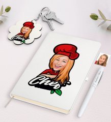 Kişiye Özel Kadın Chef Karikatürlü Beyaz Defter Kalem ve Anahtarlık Hediye Seti-10
