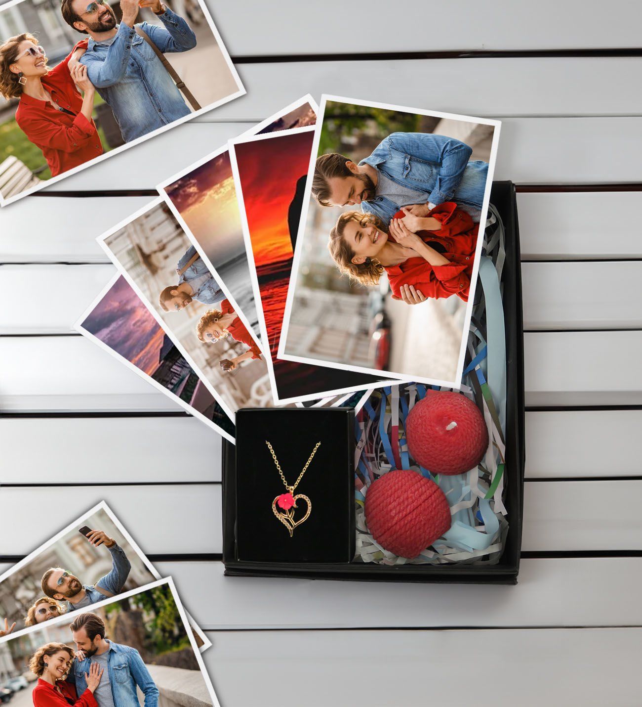 BK Gift Kişiye Özel 10 adet Fotoğraf Baskısı, Aşk Çiçeği Kalp Kolye ve 2’li Örgü Desenli Top Mum Hediye Seti, Sevgiliye Hediye, Yıl Dönümü Hediyesi