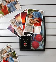 BK Gift Kişiye Özel 10 adet Fotoğraf Baskısı, Aşk Çiçeği Kalp Kolye ve 2’li Örgü Desenli Top Mum Hediye Seti, Sevgiliye Hediye, Yıl Dönümü Hediyesi