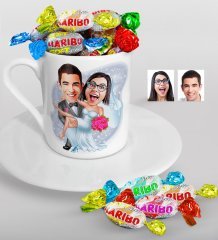 Kişiye Özel Evleniyoruz Karikatürlü Türk Kahvesi Fincanı ve Haribo Şeker Hediye Seti-9
