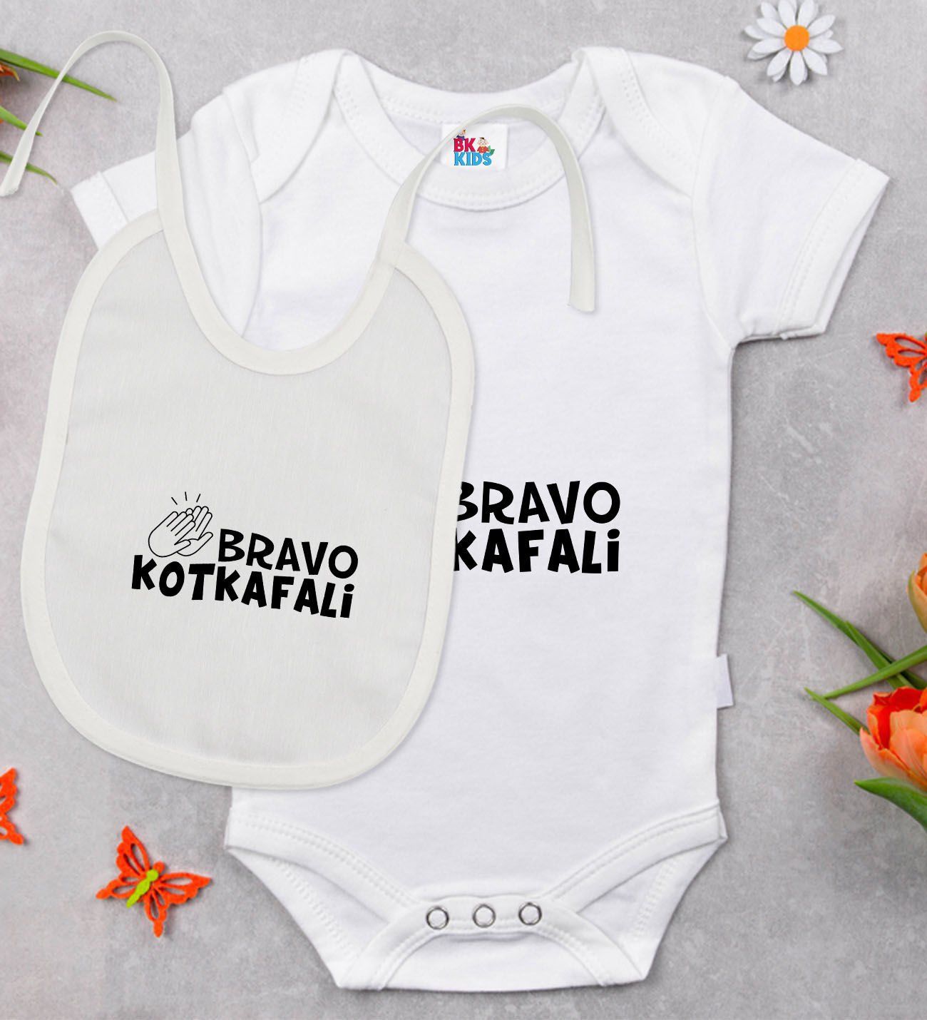 BK Kids Bravo Kotkafali Tasarımlı Beyaz Bebek Body Zıbın ve Mama Önlüğü Hediye Seti-1