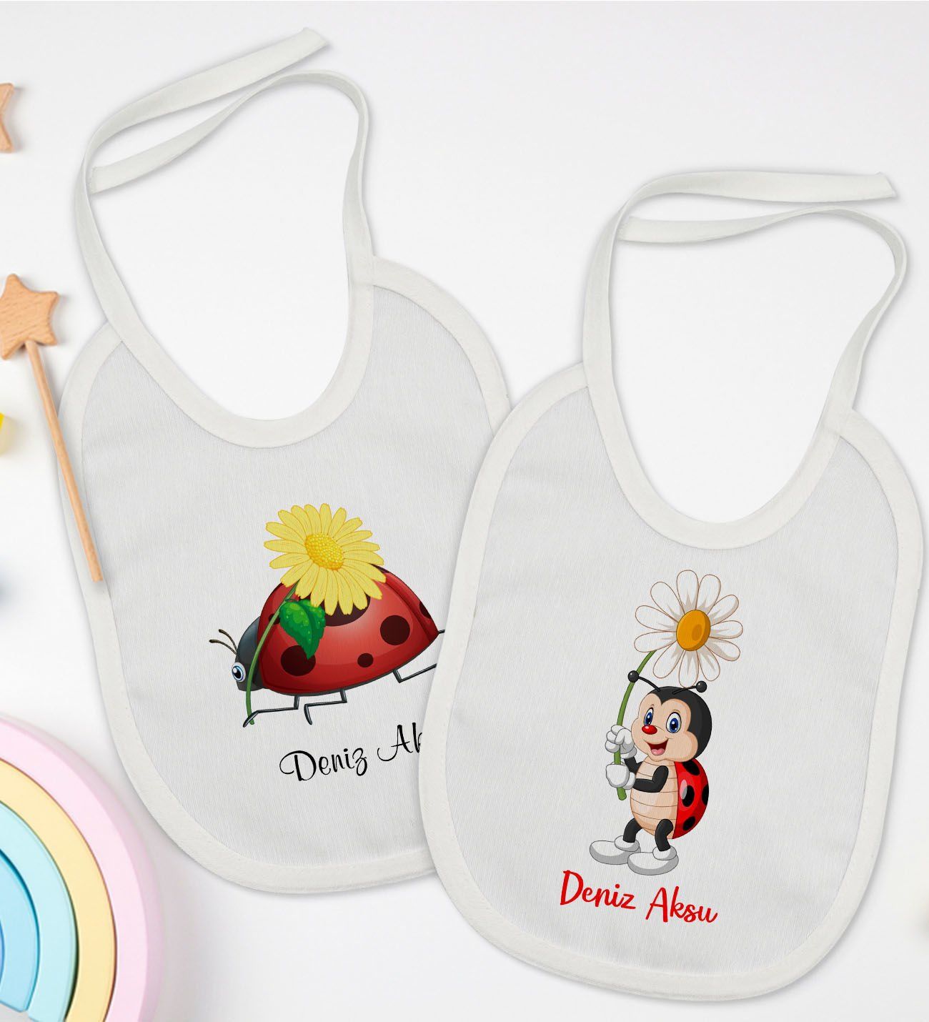 BK Kids Kişiye Özel Uğur Böceği Tasarımlı 2’li Beyaz Mama Önlüğü-2