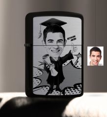 Kişiye Özel Bay Mezun Karikatürlü Benzinli Siyah Metal Çakmak - 1