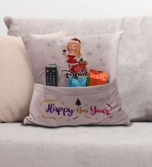 BK Gift Kişiye Özel Yılbaşı Karikatür Tasarımlı Organizer Kumanda ve Atıştırmalık Cepli Pembe Kırlent Yastık- 10, Yılbaşı Hediyesi, Yeni Yıl Hediyeleri