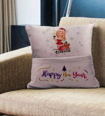 BK Gift Kişiye Özel Yılbaşı Karikatür Tasarımlı Organizer Kumanda ve Atıştırmalık Cepli Pembe Kırlent Yastık- 10, Yılbaşı Hediyesi, Yeni Yıl Hediyeleri