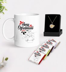 Kişiye Özel Sınıf Öğretmeni Beyaz Kupa Çikolata ve İsimli Papatya Kolye Hediye Seti-12