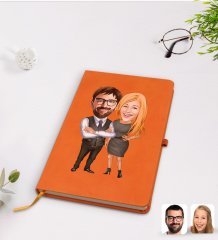 Kişiye Özel Sevgililer Karikatürlü Turuncu Termo Deri Defter Model 100