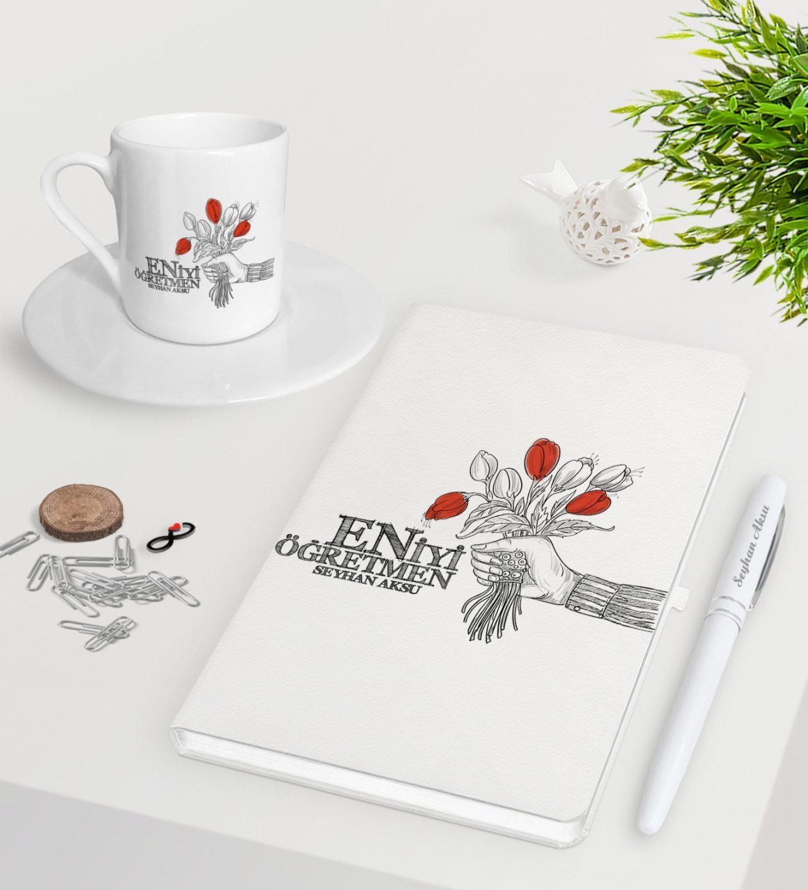 Kişiye Özel En İyi Öğretmen Beyaz Defter Kalem Türk Kahvesi Fincanı Seti-7