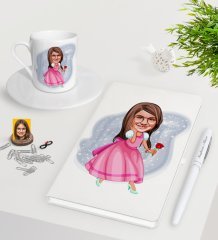 Kişiye Özel Kız Çocuk Prenses Karikatürlü Beyaz Defter Kalem Türk Kahvesi Fincanı Seti-2