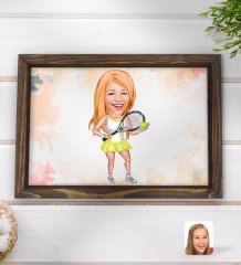 Kişiye Özel Kadın Tenis Oyuncusu Karikatürlü Doğal Ahşap Tepsi-2