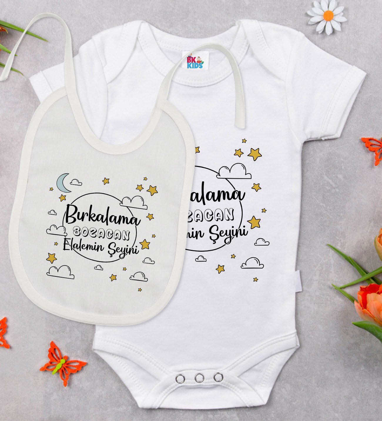 BK Kids Bırkalama Tasarımlı Beyaz Bebek Body Zıbın ve Mama Önlüğü Hediye Seti-1