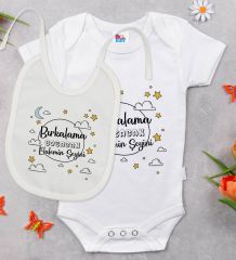 BK Kids Bırkalama Tasarımlı Beyaz Bebek Body Zıbın ve Mama Önlüğü Hediye Seti-1