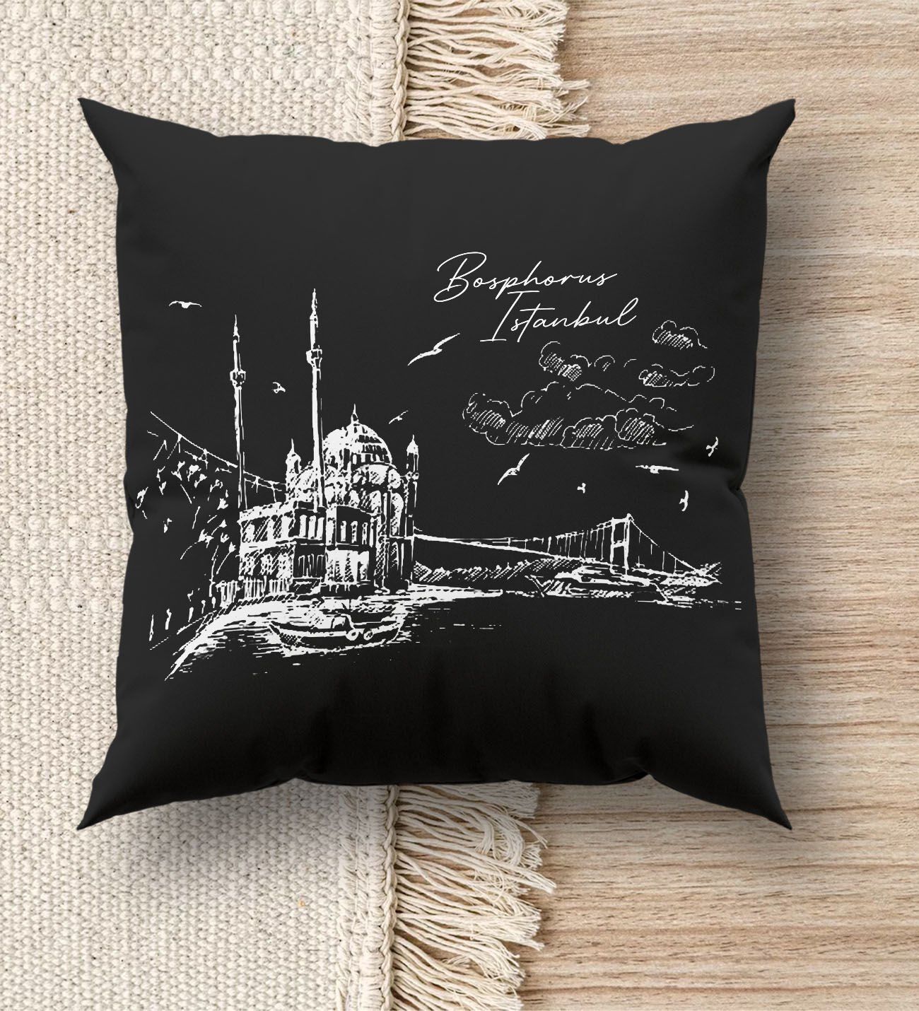 BK Gift İstanbul Tasarımlı Premium Kumaş Siyah Kırlent Yastık, Ev Hediyesi, Ev Dekorasyonu, Dekoratif Hediye-1