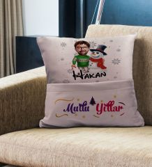 BK Gift Kişiye Özel Yılbaşı Karikatür Tasarımlı Organizer Kumanda ve Atıştırmalık Cepli Pembe Kırlent Yastık- 9, Yılbaşı Hediyesi, Yeni Yıl Hediyeleri