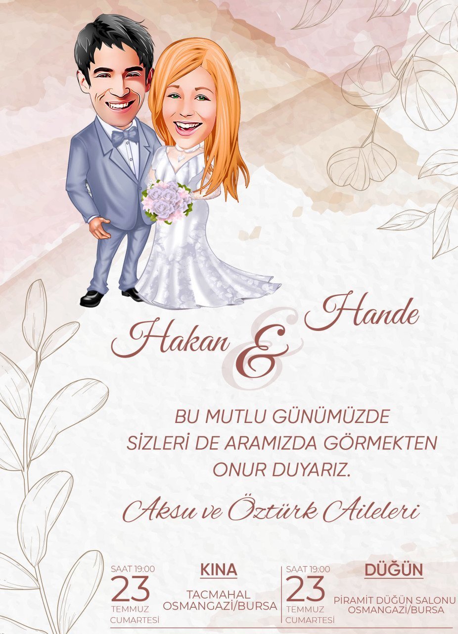 Kişiye Özel Karikatürlü Bitmeyen Düğün Davetiyesi Model 32
