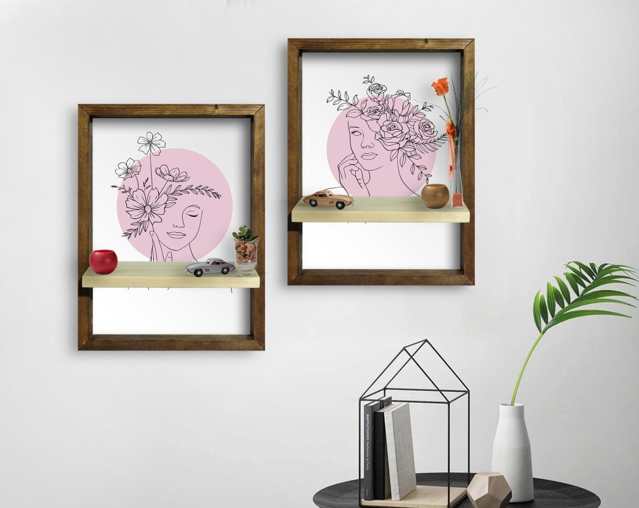 BK Home 2'li Doğal Masif Ahşap Çerçeveli Tablo Duvar Rafı-65