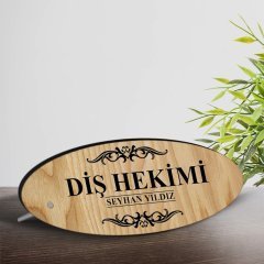 Kişiye Özel Mesleki Diş Hekimi Ahşap Oval Masa İsimliği  - 2