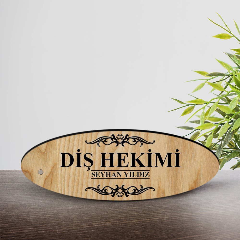 Kişiye Özel Mesleki Diş Hekimi Ahşap Oval Masa İsimliği  - 2