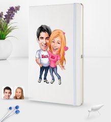 Kişiye Özel Sevgililer Karikatürlü Beyaz Termo Deri Defter 16x24cm Model 5