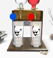 Kişiye Özel Renkli Baskılı Atatürk Temalı İkili Vodka Bardağı ve Çift Musluklu Doğal Ahşap Vodka Standı-25
