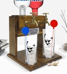 Kişiye Özel Renkli Baskılı Atatürk Temalı İkili Vodka Bardağı ve Çift Musluklu Doğal Ahşap Vodka Standı-25