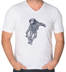 BK Gift Kaykaycı Astronot Tasarımlı V Yaka Tişört-1