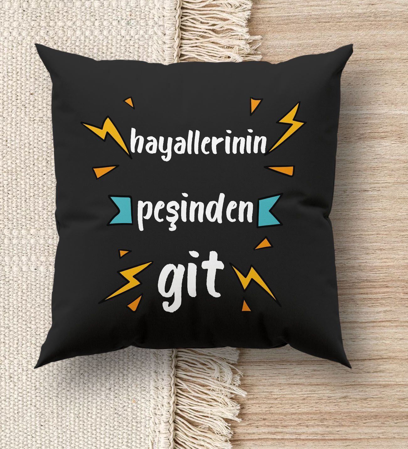 BK Gift Hayat Mottosu Tasarımlı Premium Kumaş Siyah Kırlent Yastık, Ev Hediyesi, Ev Dekorasyonu, Dekoratif Hediye-4