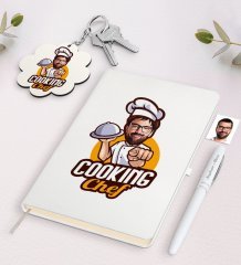 Kişiye Özel Erkek Chef Karikatürlü Beyaz Defter Kalem ve Anahtarlık Hediye Seti-15