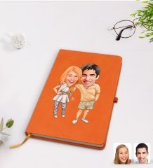 Kişiye Özel Sevgililer Karikatürlü Turuncu Termo Deri Defter Model 98