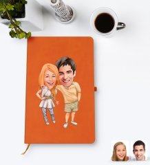 Kişiye Özel Sevgililer Karikatürlü Turuncu Termo Deri Defter Model 98