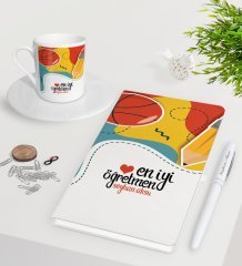 Kişiye Özel En İyi Öğretmen Beyaz Defter Kalem Türk Kahvesi Fincanı Seti-5