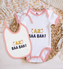 BK Kids Az Baa Bak Tasarımlı Pembe Bebek Body Zıbın ve Mama Önlüğü Hediye Seti-1