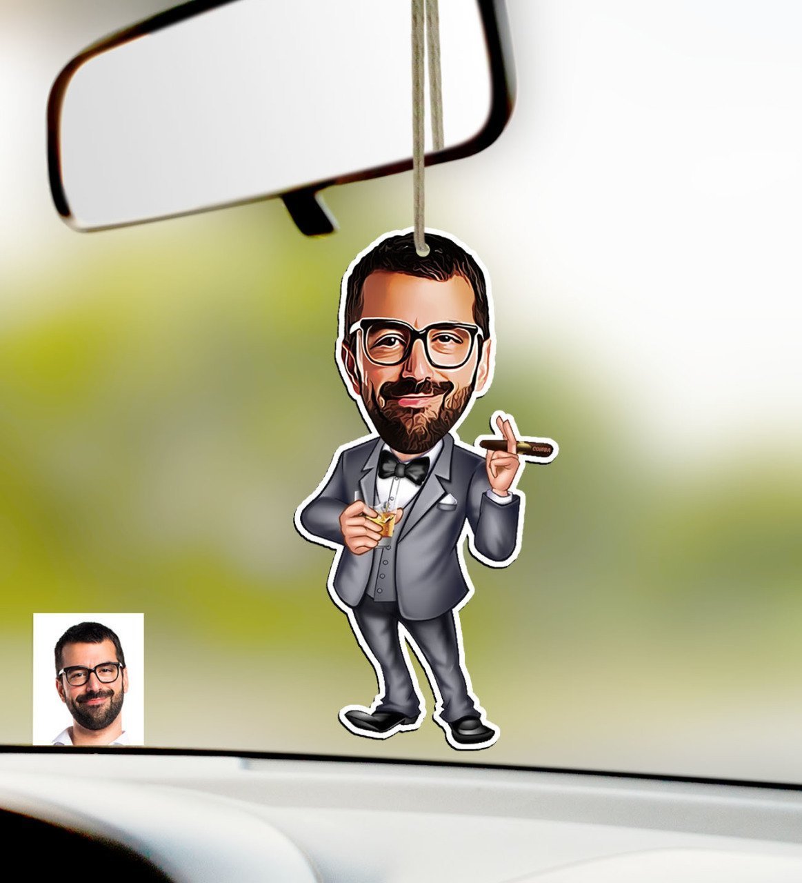 Kişiye Özel Bay Patron Karikatürlü Ahşap Araba Dikiz Ayna Süsü-3