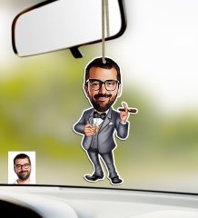 Kişiye Özel Bay Patron Karikatürlü Ahşap Araba Dikiz Ayna Süsü-3