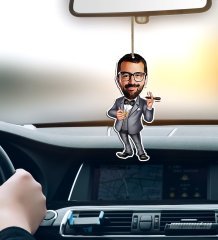 Kişiye Özel Bay Patron Karikatürlü Ahşap Araba Dikiz Ayna Süsü-3