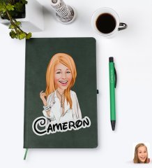 Kişiye Özel Kadın Model Karikatürlü Yeşil Termo Deri Defter Kalem Seti Model 2