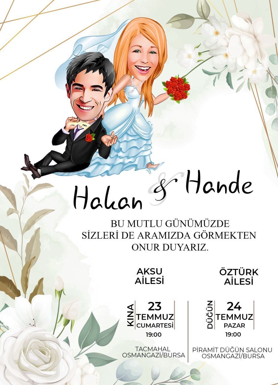 Kişiye Özel Karikatürlü Bitmeyen Düğün Davetiyesi Model 30