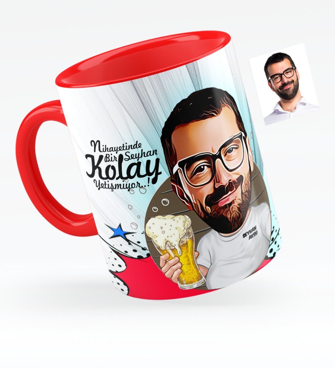 Kişiye Özel Şerefe Karikatürlü Kırmızı Kupa Bardak - 1